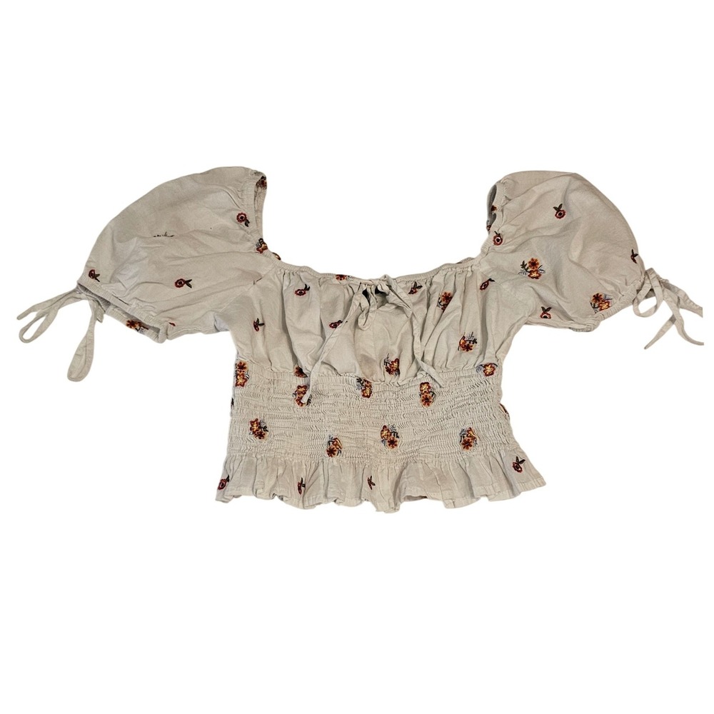 Forever 21 Womens White Floral Embroidered Smocked‎ Puff Sleeve Crop Top Small